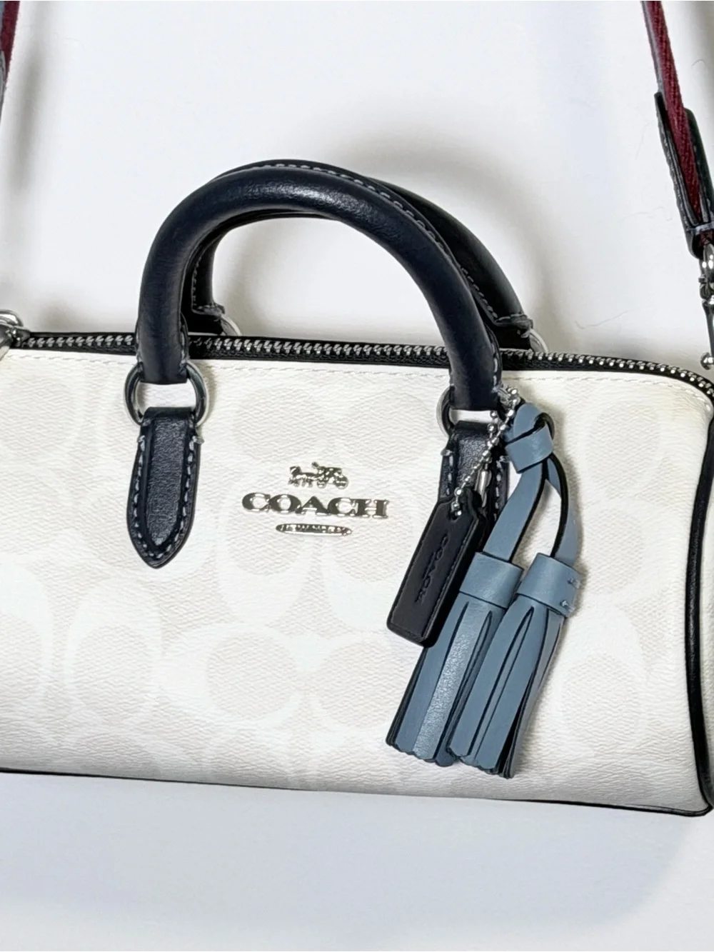 Coach White Lacey Crossbody in Signature Canvas and Blue Tassel